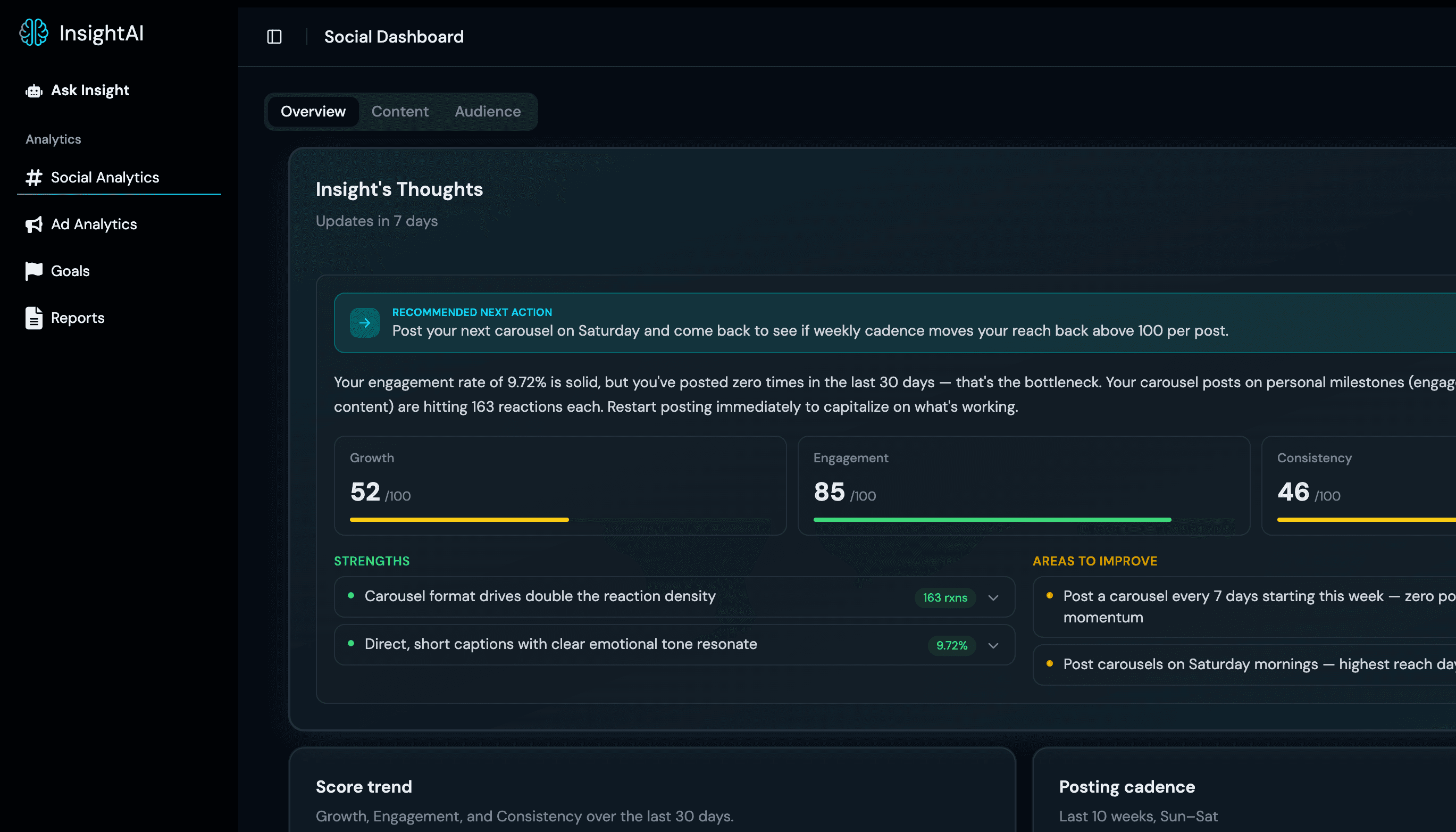 InsightAI dashboard showing social and ad performance analytics